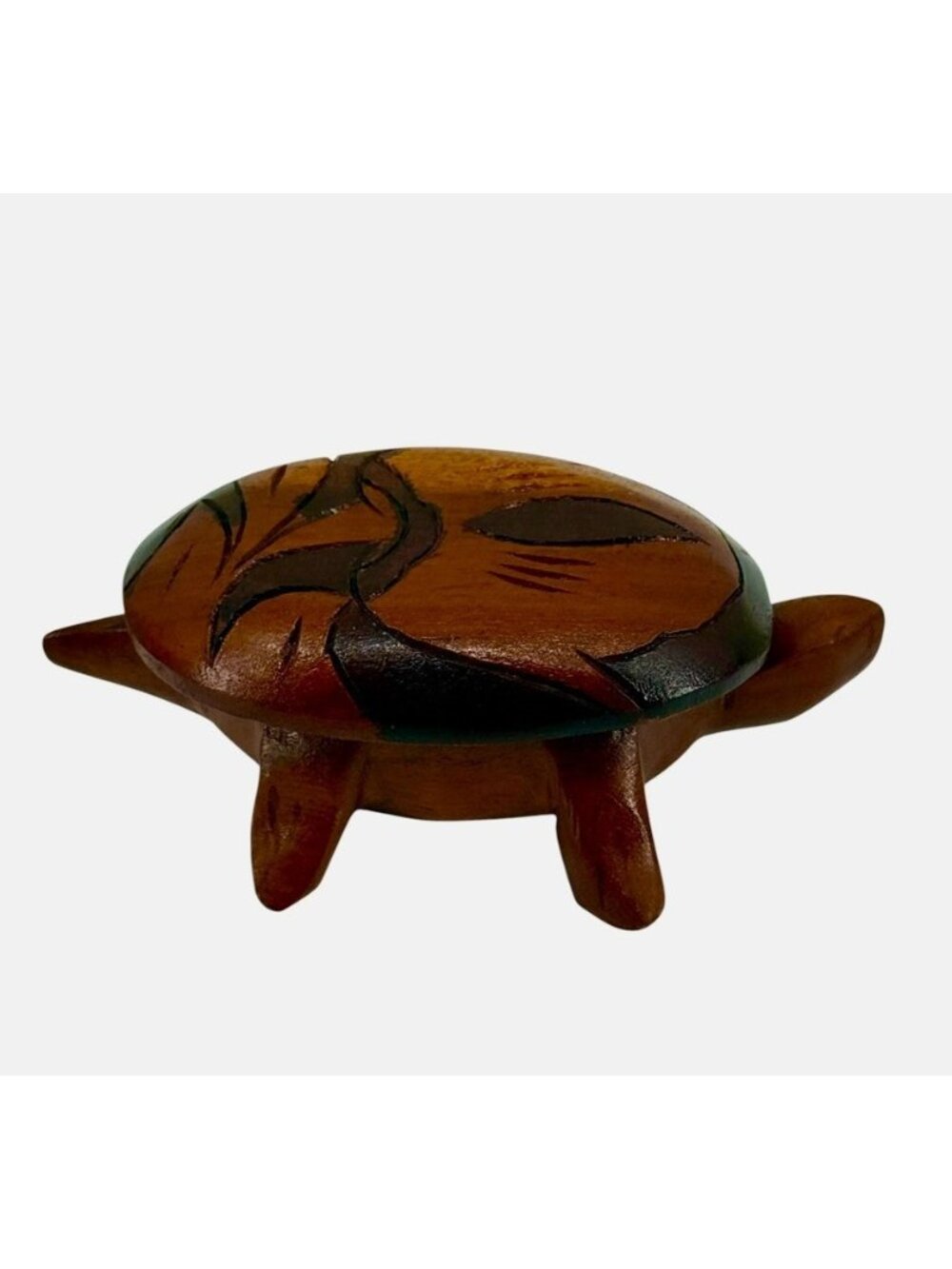 Turtle Tortoise Wooden Hand Carved w/Lid Jewelry Trinket Box 6.25" Long Vintage